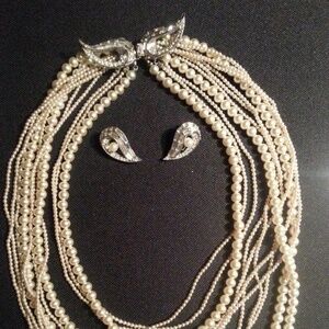 VINTAGE 1940s Multi-strand Glass Pearl & Rhinestone Necklace & Earrings Set